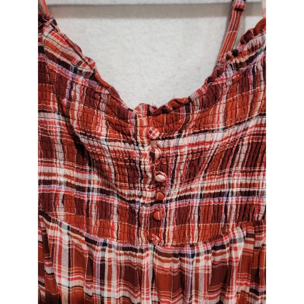 Torrid 00 Large Rust Plaid‎ Cold Shoulder Smocked Blouse Button Detail Rayon Top